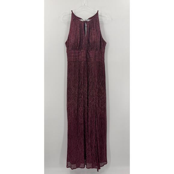 H5 R&M Richards Metallic A Line Gown Womens 16 Halter Burgundy - Picture 4 of 10
